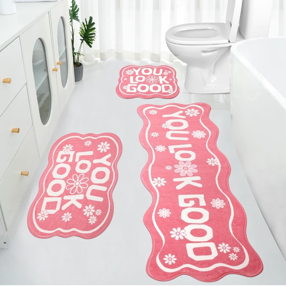 Pink Bathroom Rug Set - 'You Look Good' Design